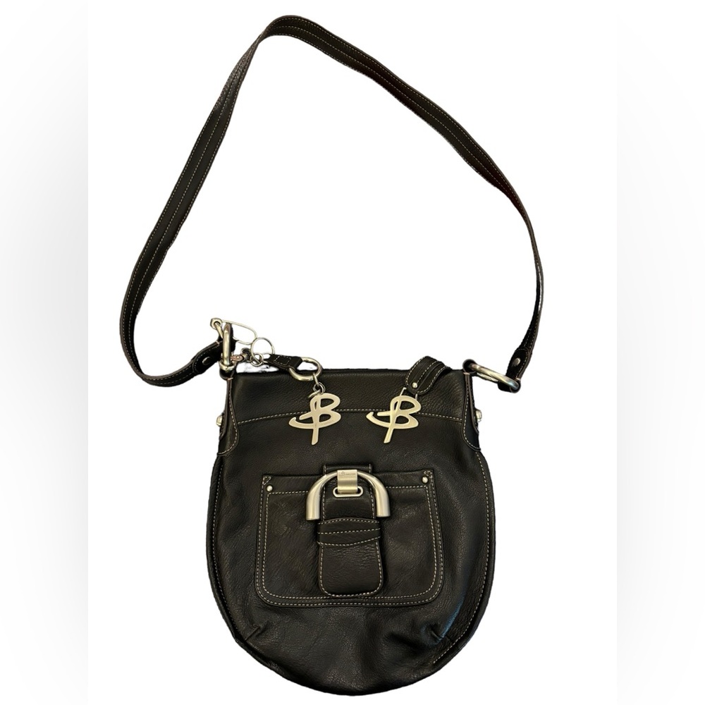 B Makowsky Black Leather Black Pebble Crossbody Bag with‎ Silvertone B Charms